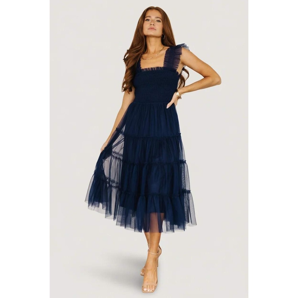 Baltic Born Emma Tulle Dress Women 1X Navy Blue Tiered Ruffle Smocked Midi Hoco